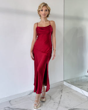 Wine Basic Silk Midi Dress