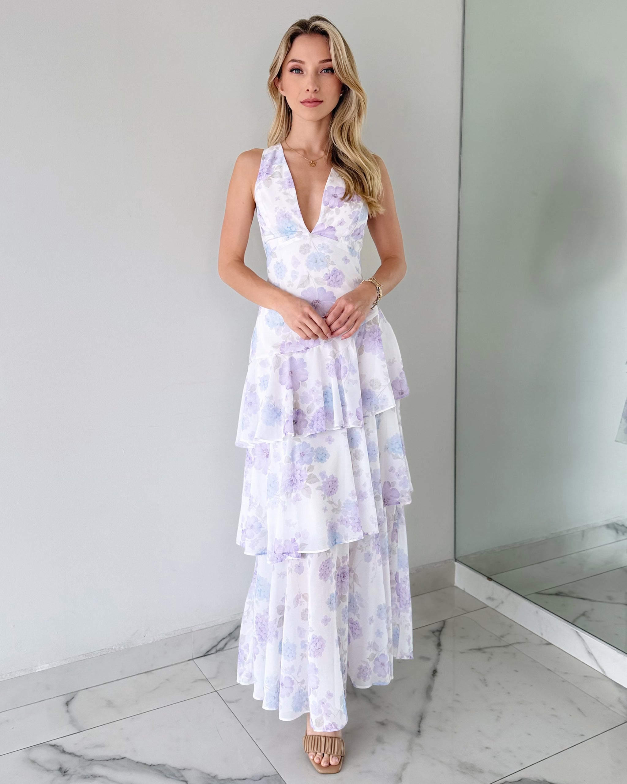 Lilac Floral Print Ruffle Maxi Dress