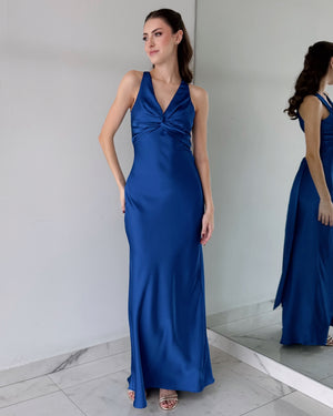 Blue Silk Open Back Maxi Dress