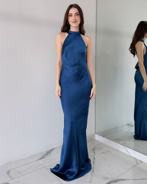 Slate Blue Open Back Gown Dress