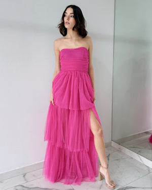 Magenta Strapless Tulle Gown Dress