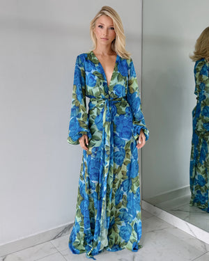 Blue Print Long Sleeve Gown Dress