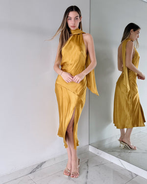 Mustard One Shoulder Halter Midi Dress