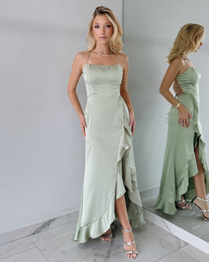 Baby Green Sage Ruffle Open Back Maxi Dress