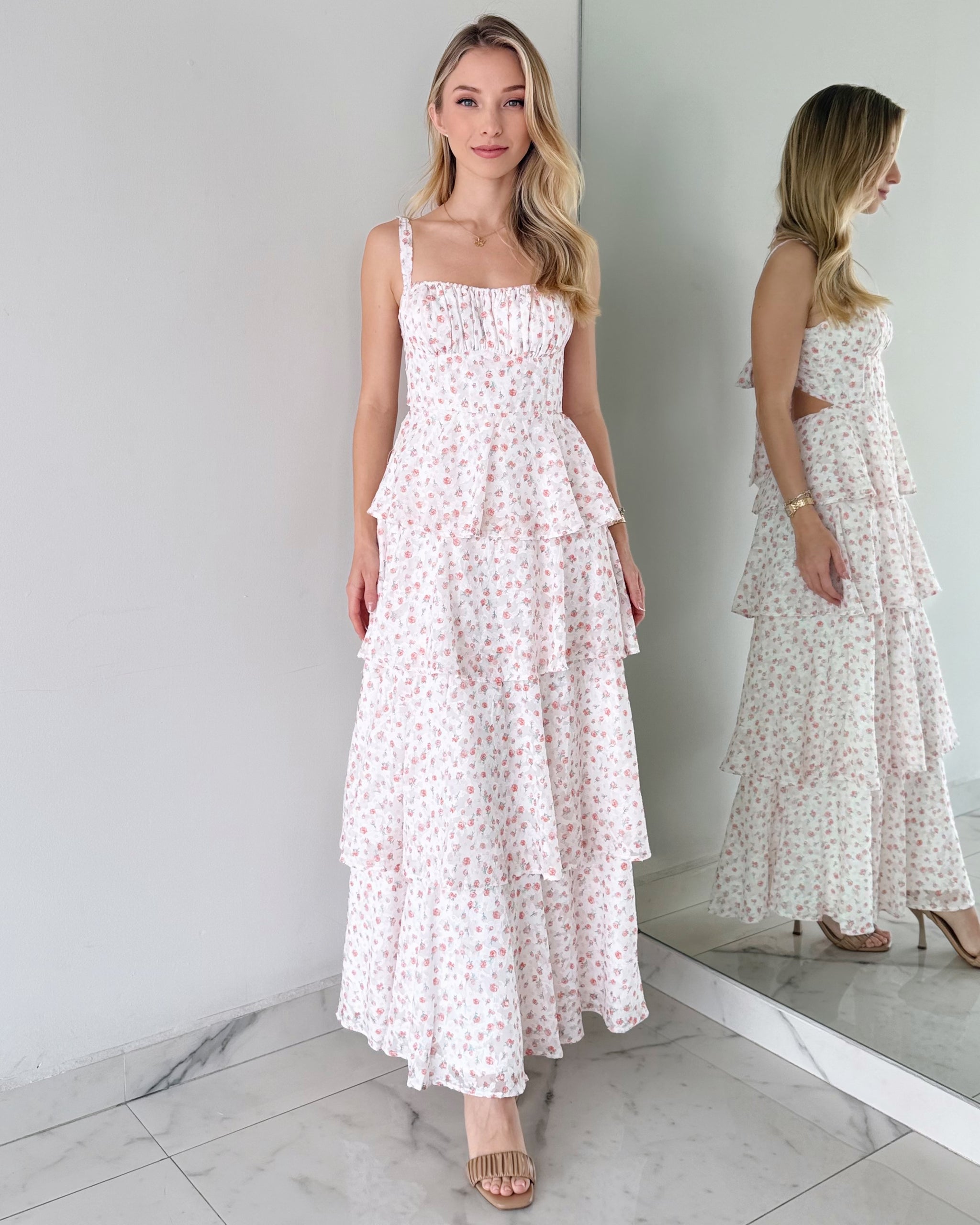 Coral Floral Print Ruffle Maxi Dress