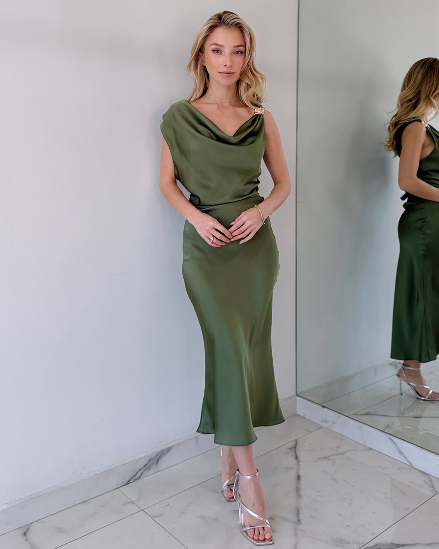 Green Shoulder Detail Midi Dress