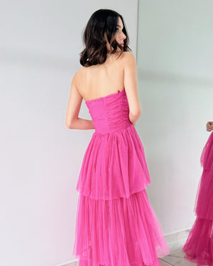 Magenta Strapless Tulle Gown Dress