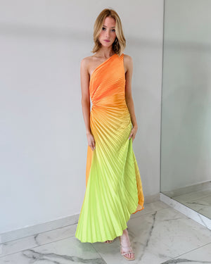 Orange Lime Green Print Asymmetrical Midi Dress