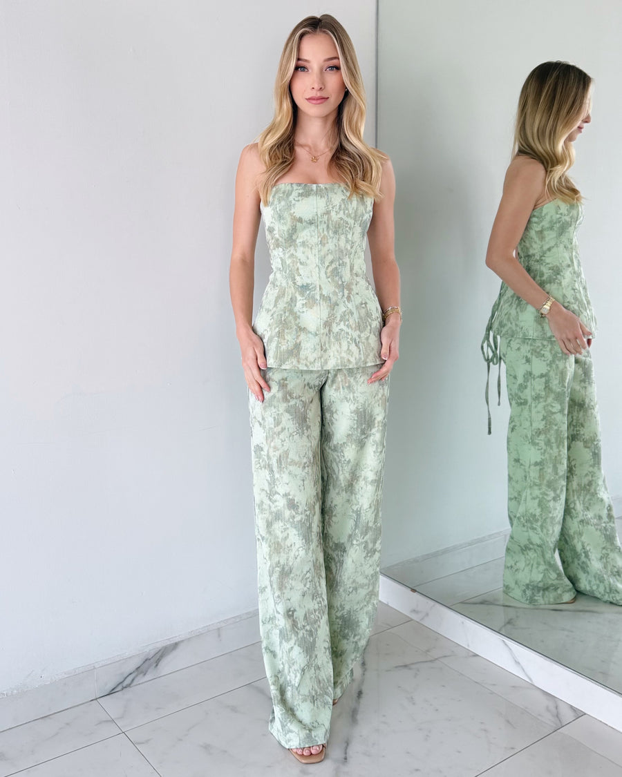 Green Print Strapless Two Piece Set