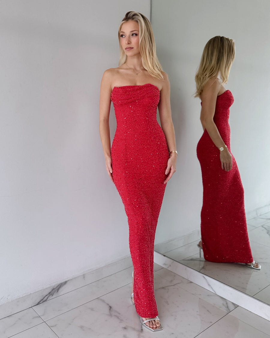 Red Strapless Pearl Maxi Dress