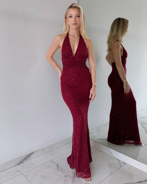 Wine Pearl Halter Gown Dress