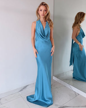 Baby Blue Halter Open Back Gown Dress