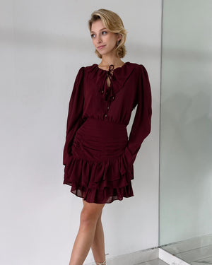 Wine Ruffle Long Sleeve Mini Dress