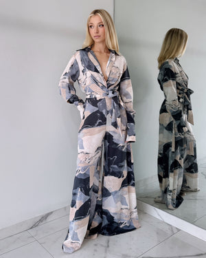 Gray Print Long Sleeve Jumpsuit