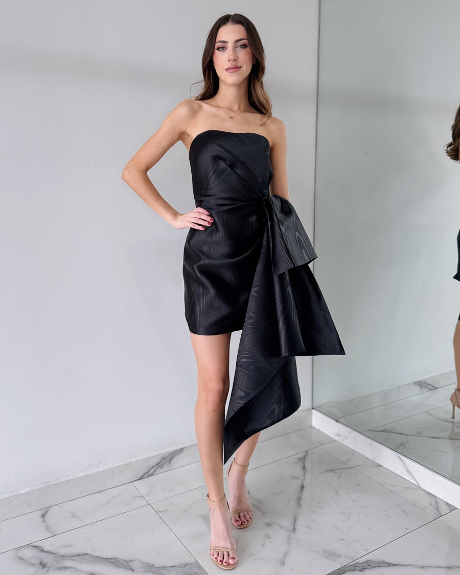 Black Strapless Ruffle Mini Dress