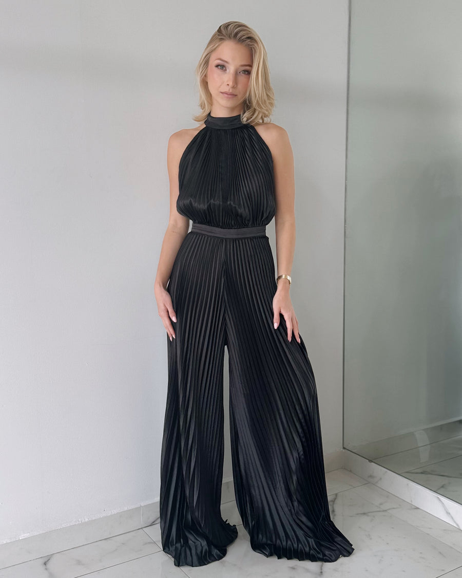 Black Pleated Open Back Jumpsuit