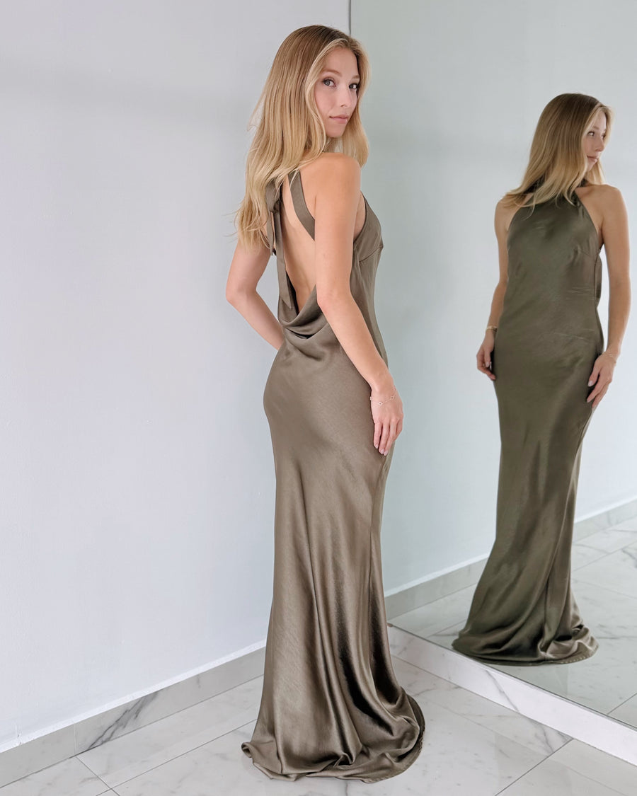 Dark Olive Open Back Gown Dress
