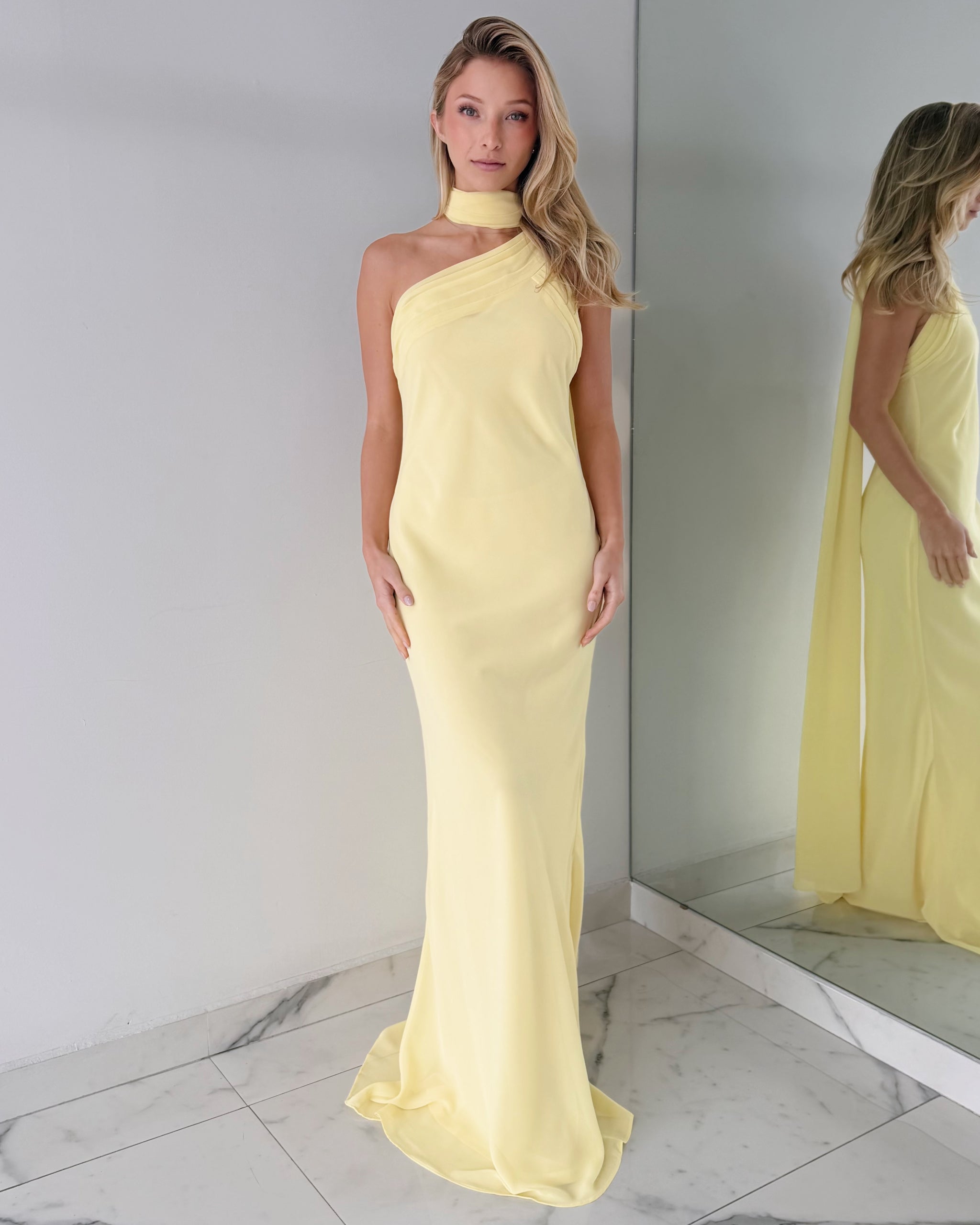 UN2427 Yellow One Shoulder Choker Gown Dress