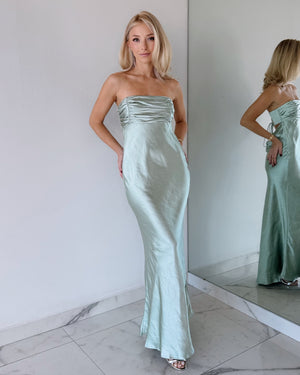 Mint Strapless Silk Open Back Maxi Dress