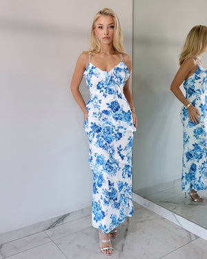 Baby Blue Floral Ruffle Midi Dress
