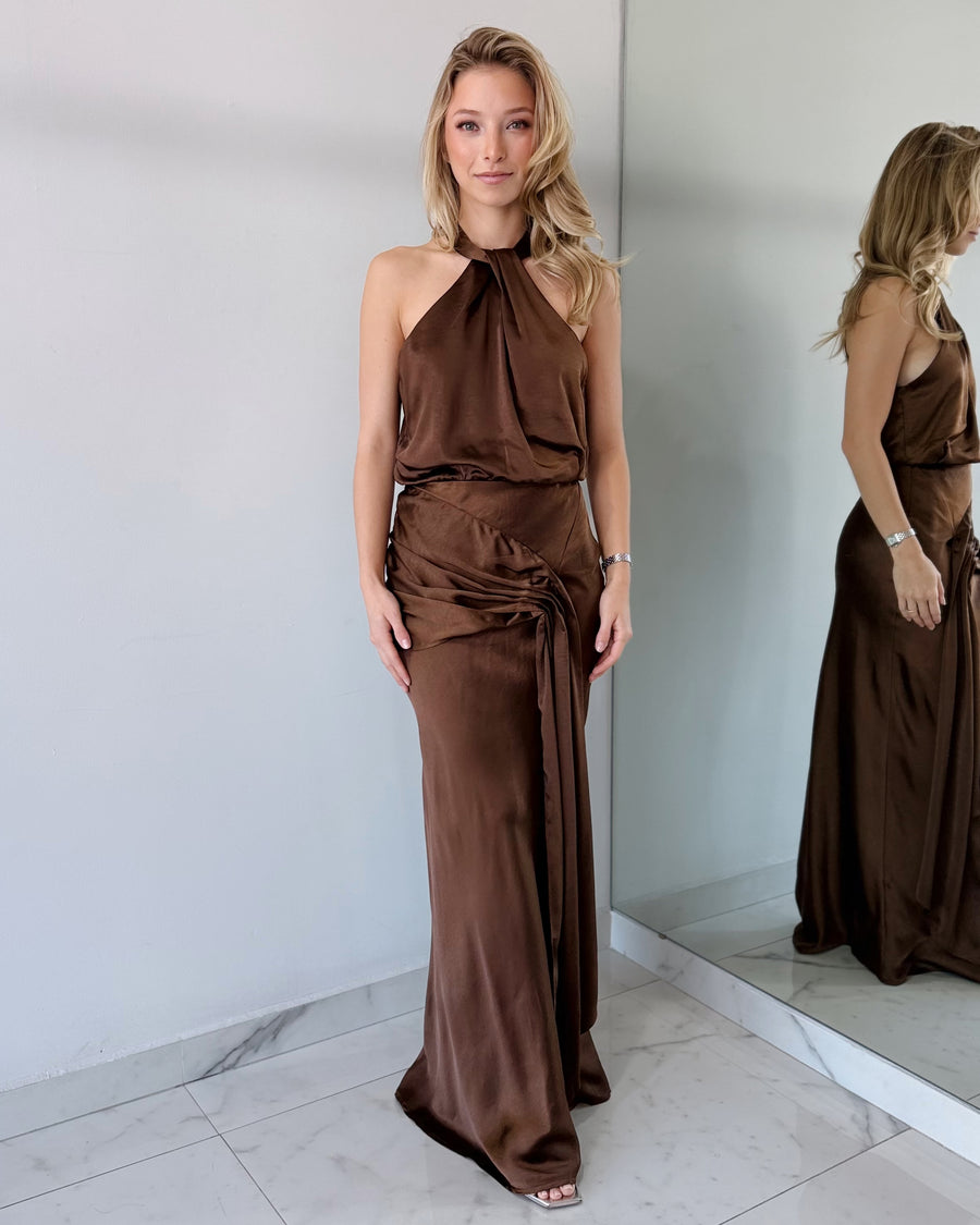 Chocolate Coffee Halter Gown Dress