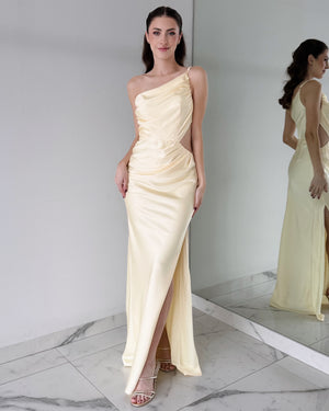 Butter Yellow One Shoulder Gown Dress