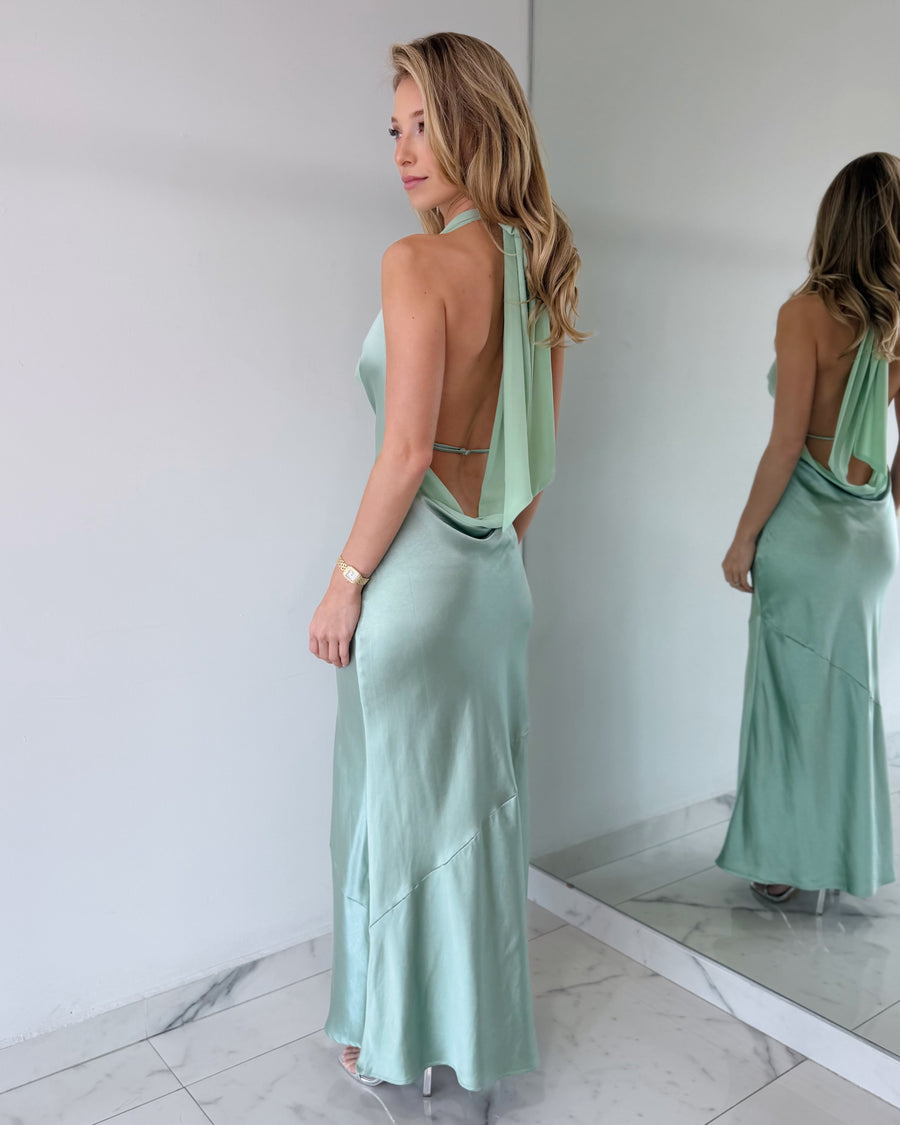 Mint Sage Open Back Silk Maxi Dress