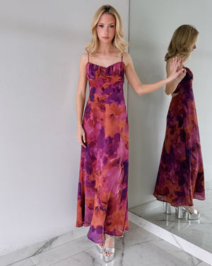 Magenta Print Open Back Maxi Dress