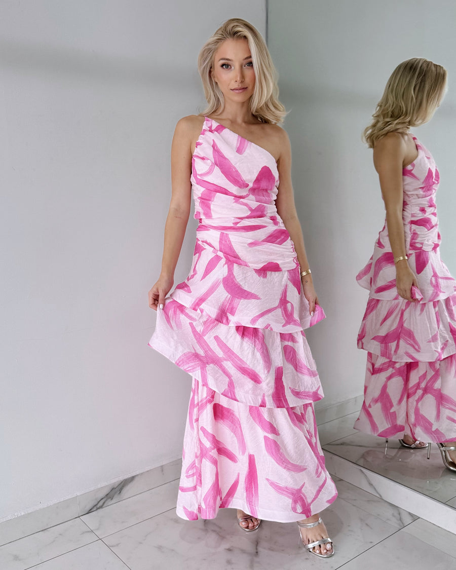 Pink Print One Shoulder Maxi Dress