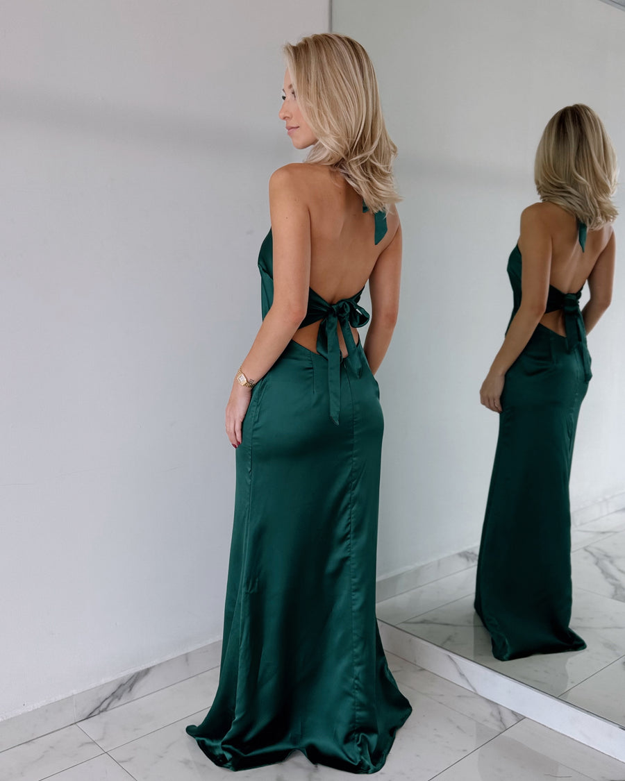 Green Halter Open Back Gown Dress