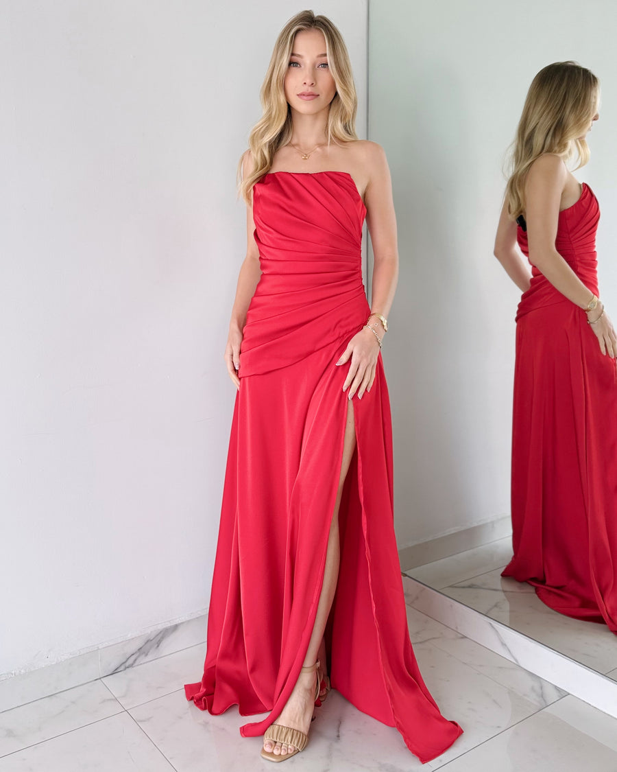 Red Strapless Open Detail Gown Dress