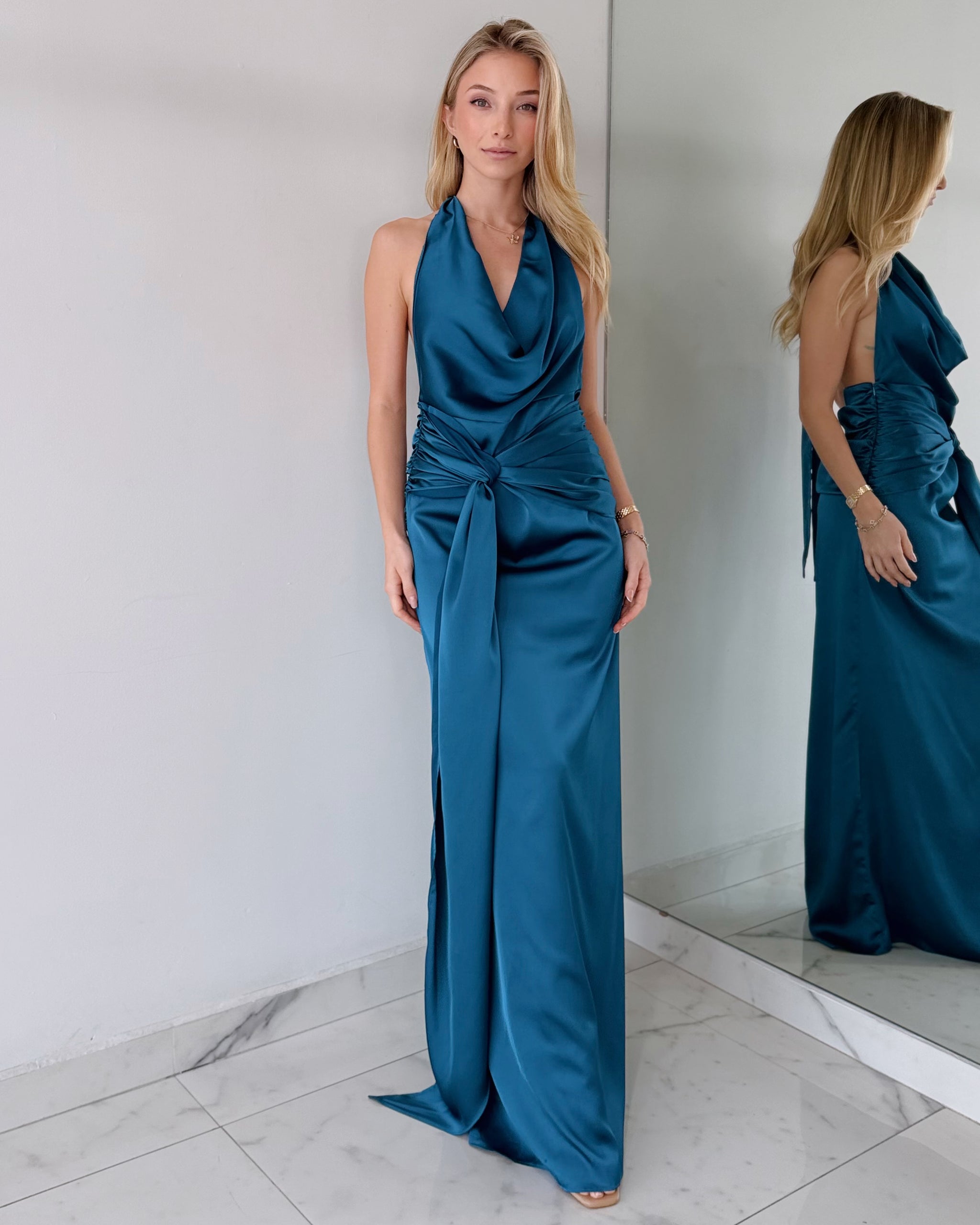 Blue Teal Open Back Gown Dress