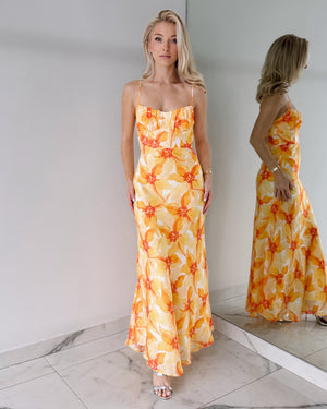 Yellow Orange Floral Open Back Maxi Dress