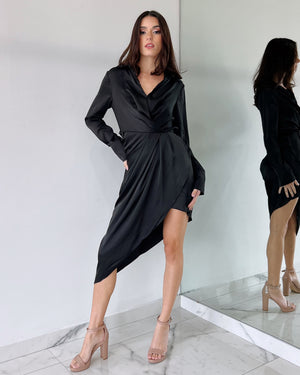 Black Long Sleeve Asymmetric Midi Dress