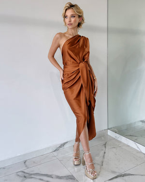 Rust Silk One Shoulder Midi Dress