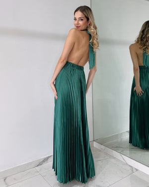 Green Pleated Open Back Gown Dress