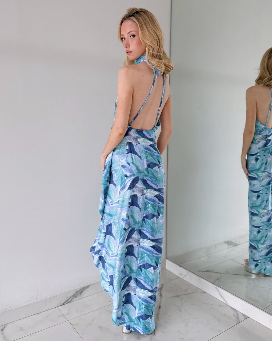 Blue Print Open Back Maxi Dress
