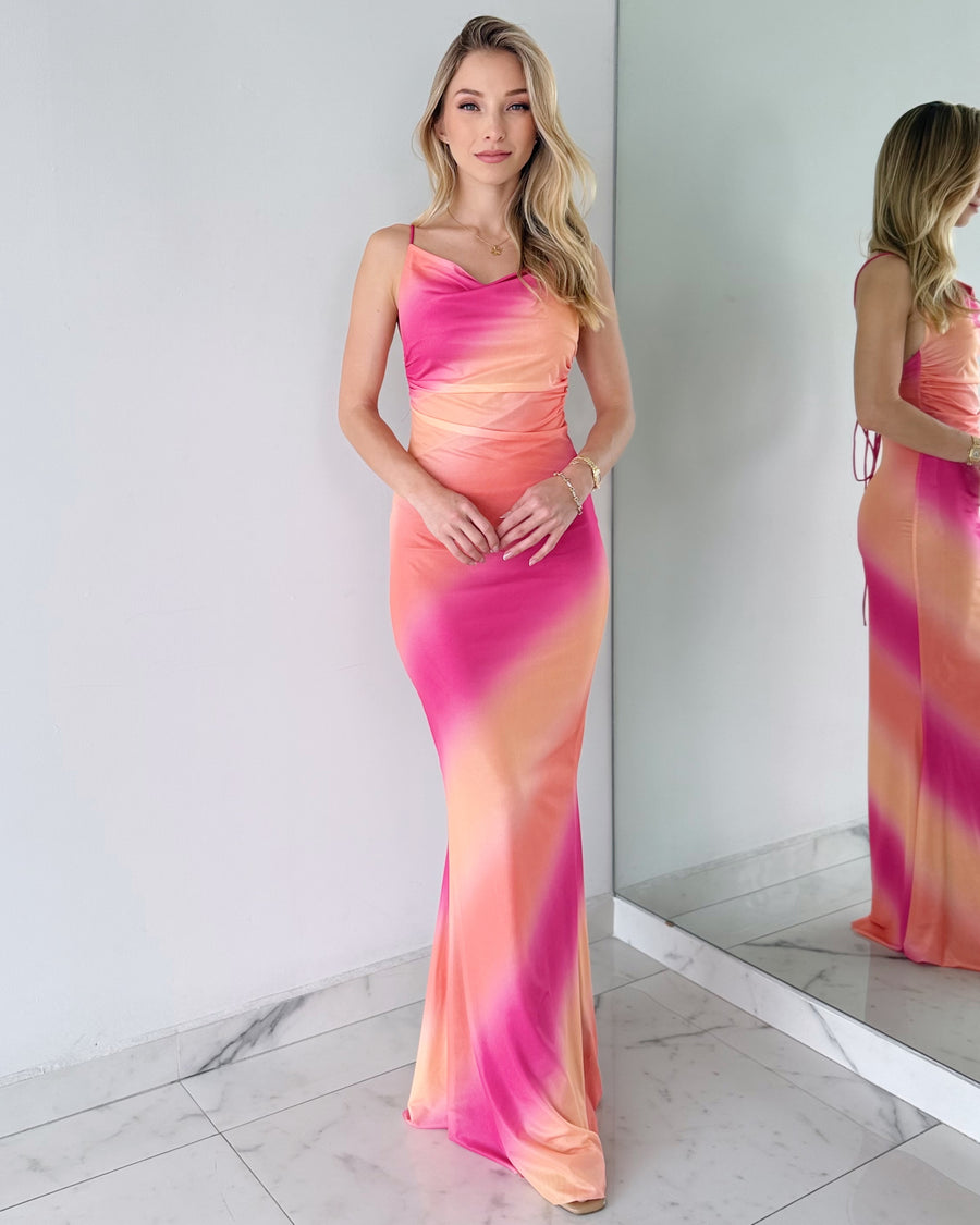 Fuchsia Orange Print Open Back Gown Dress