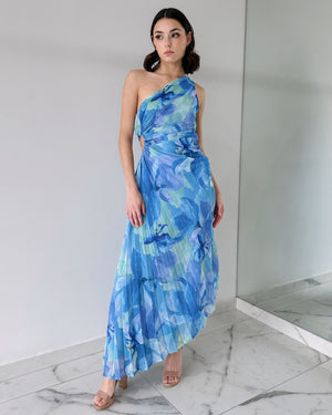 Blue Floral Asymmetrical Midi Dress