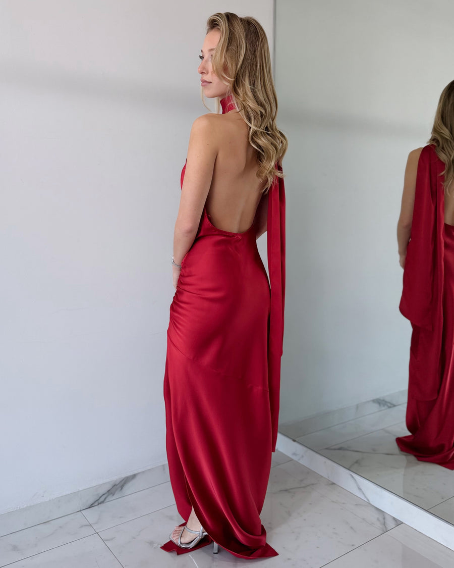 Red One Shoulder Choker Gown Dress