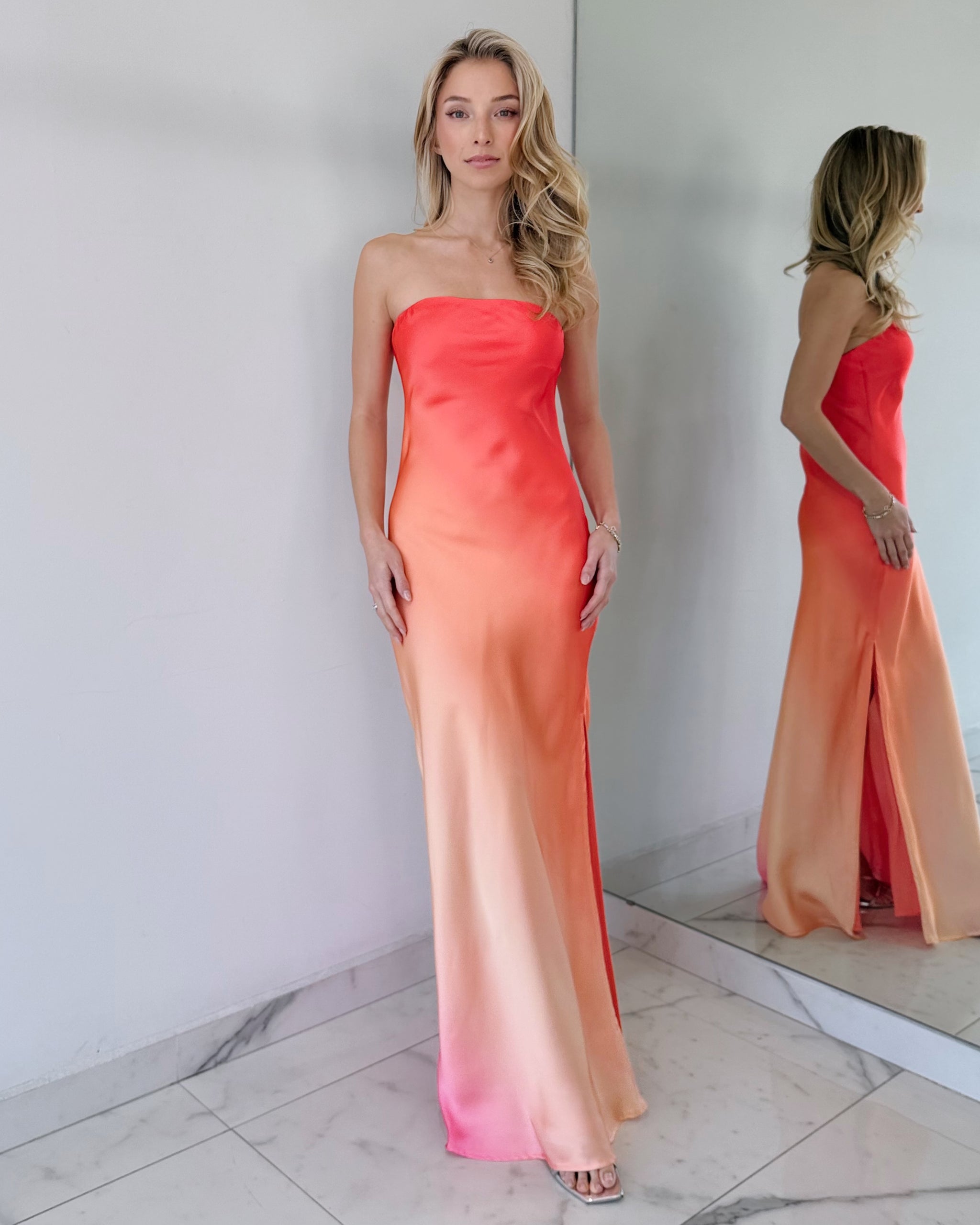 Orange Print Strapless Open Leg Maxi Dress