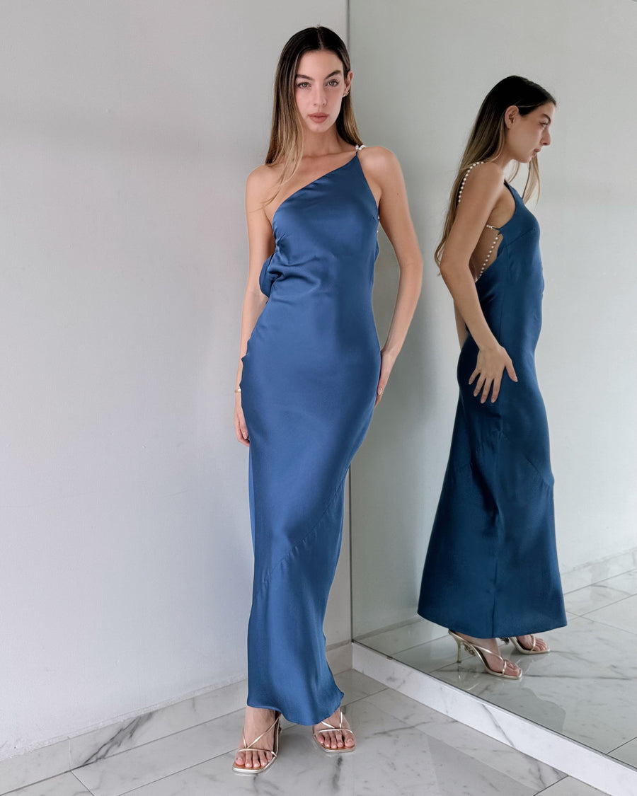 Blue One Shoulder Pearl Maxi Dress