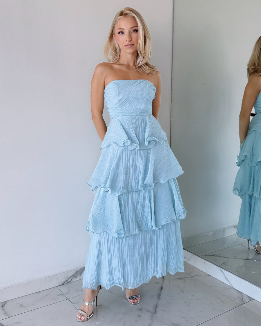 CM6406D Baby Blue Strapless Ruffle Maxi Dress