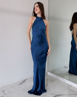 Slate Blue Open Back Gown Dress