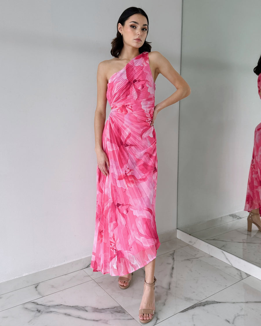 Pink Floral Asymmetrical Midi Dress