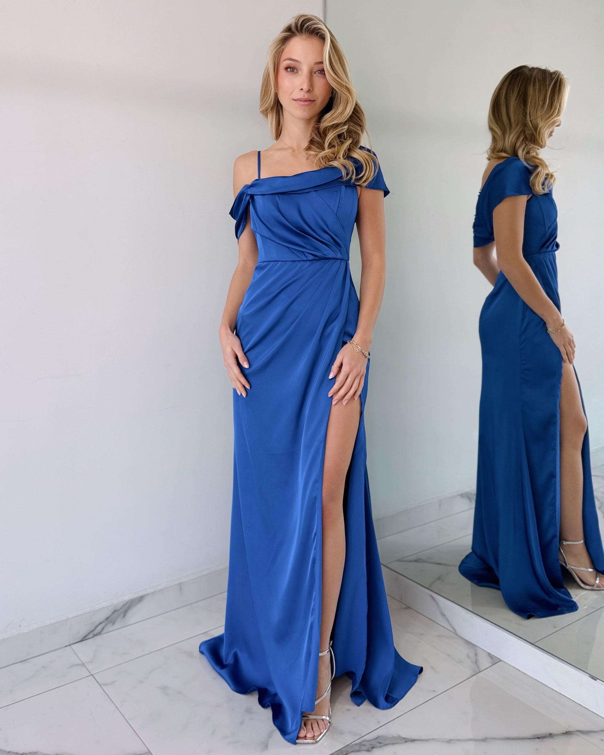 Blue Off Shoulder Gown Dress