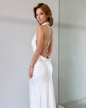 Champagne Open Back Pearl Halter Maxi Dress