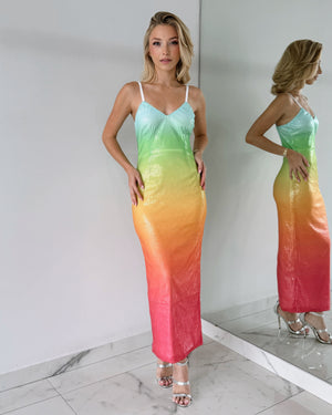 Rainbow Strap Sequin Midi Dress