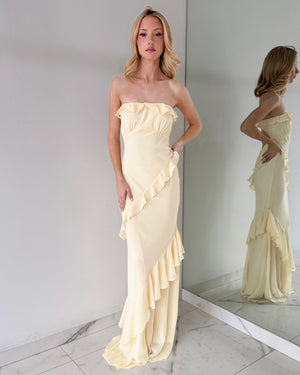 SD314 Baby Yellow Strapless Ruffle Gown Dress