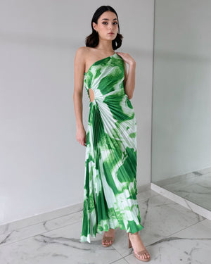 Green Tie Dye Asymmetrical Midi Dress